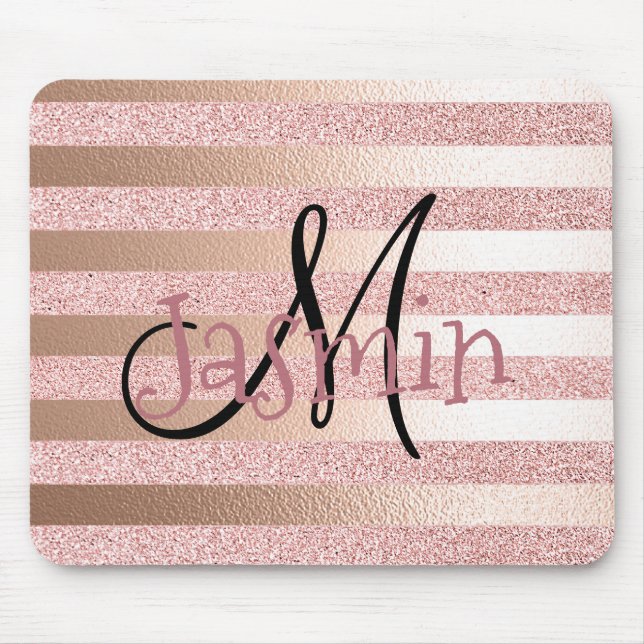 Rose Gold Faux Glitter& Rose Gold Foil Stripes Mouse Pad (Front)