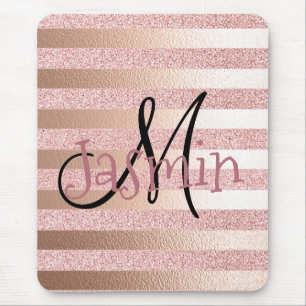 Rose Gold Faux Glitter& Rose Gold Foil Stripes Mouse Pad