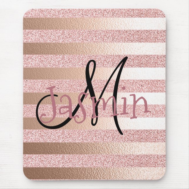 Rose Gold Faux Glitter& Rose Gold Foil Stripes Mouse Pad (Front)