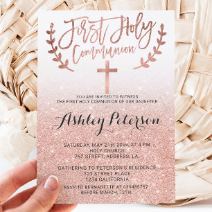 Rose gold faux glitter white ombre first communion invitation