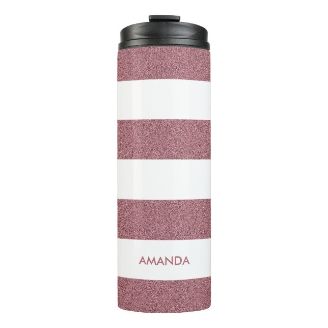 Rose Gold Faux Glitter white Stripe add your name Thermal Tumbler (Front)