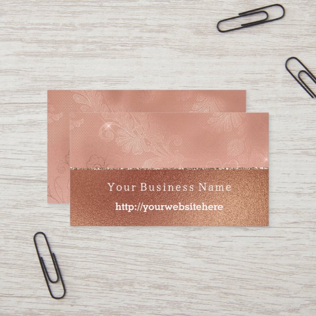 Rose Gold Faux Lace Floral Business name website Business Card (Front/Back In Situ)