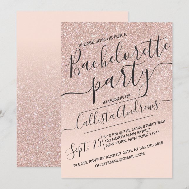 Rose Gold Faux Sparkly Glitter Ombre Bachelorette Invitation (Front/Back)