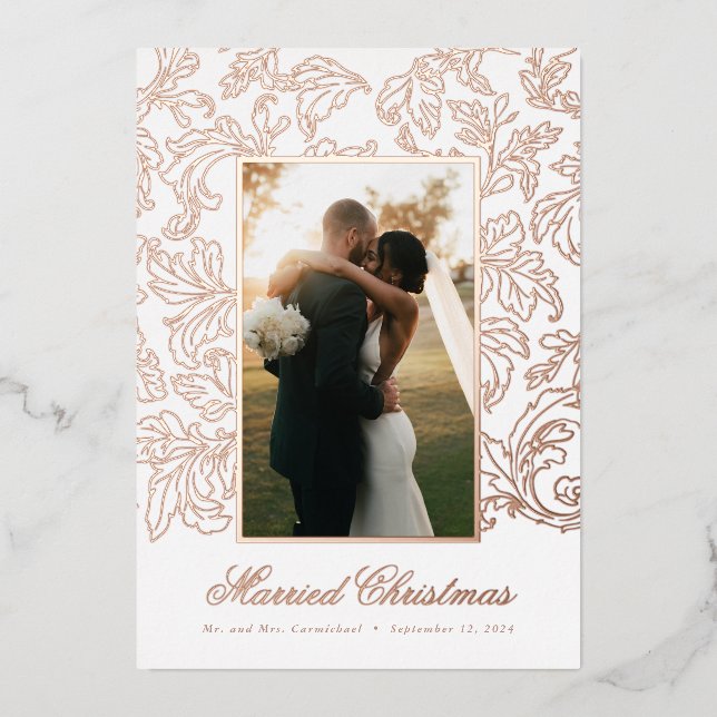 Rose Gold Fine Filigree Married Christmas Foil Holiday Card (Front)