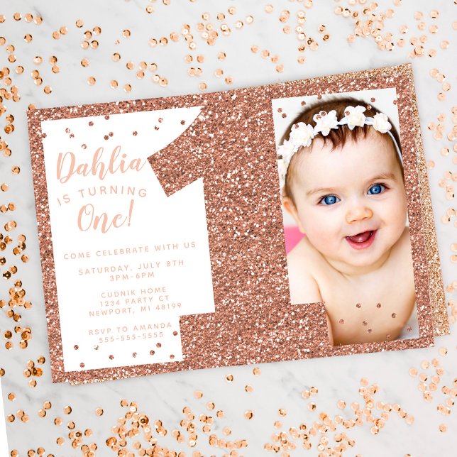 Rose Gold First Birthday Invitation, Faux Glitter Invitation (Creator Uploaded)