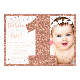Rose Gold First Birthday Invitation, Faux Glitter Invitation