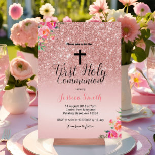 Rose Gold First Communion Invitation