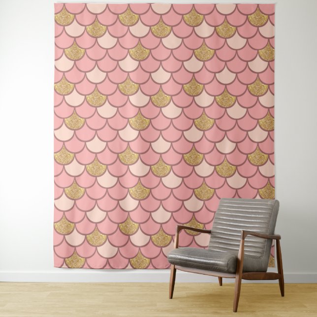 Rose gold fish scale pattern with glitter effect tapestry (In Situ)