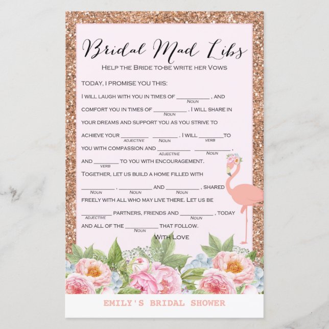 Rose Gold Flamingo Bridal Shower Game PRINTED (Front)