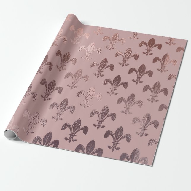  Rose Gold Fleur-de-Lis Pattern on Blush Pink Wrapping Paper (Unrolled)