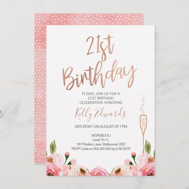 Rose Gold Floral 21st birthday invitation (Front/Back)