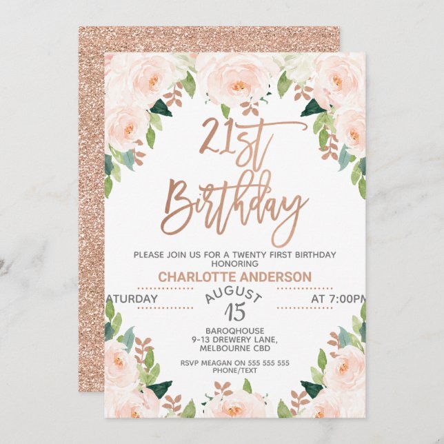 Rose Gold Floral 21st Birthday Invitation (Front/Back)