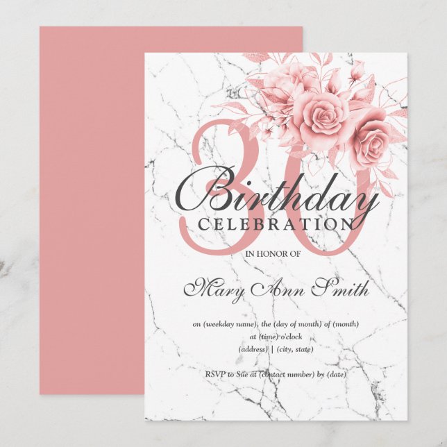 Rose Gold Floral 30th Birthday Party Marble Invitation (Front/Back)
