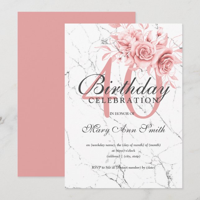 Rose Gold Floral 40th Birthday Party Marble Invitation (Front/Back)