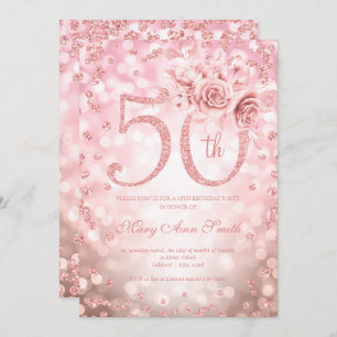 Rose Gold Floral 50th Birthday Glam Lights  Invitation
