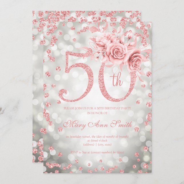 Rose Gold Floral 50th Birthday Glam Lights Silver  Invitation (Front/Back)