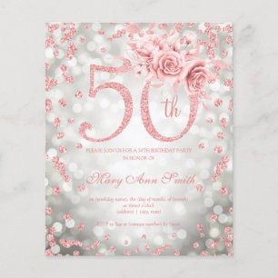 Rose Gold Floral 50th Birthday Lights Invite Silve Flyer