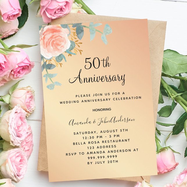 Rose gold floral 50th wedding anniversary luxury invitation (Creator Uploaded)
