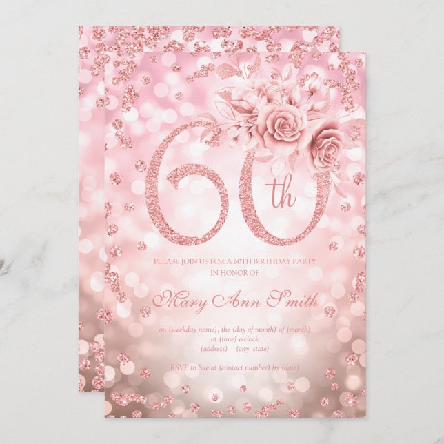 Rose Gold Floral 60th Birthday Glam Lights   Invitation (Front/Back)