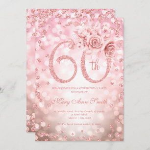 Rose Gold Floral 60th Birthday Glam Lights Invitation