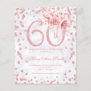 Rose Gold Floral 60th Birthday Marble Invitation  Flyer