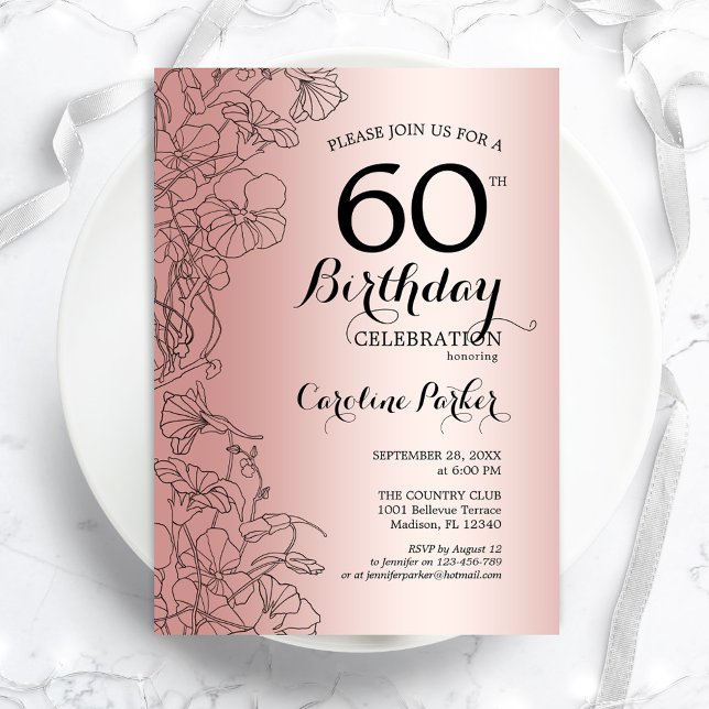 Rose Gold Floral 60th Birthday Party Invitation (Creator Uploaded)