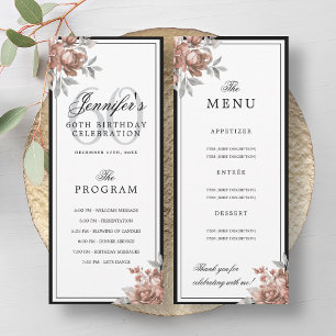 Rose Gold Floral 60th Birthday Program Menu 