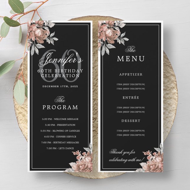Rose Gold Floral 60th Birthday Program Menu Black  (Rose Gold Floral 60th Birthday Program Menu Black )