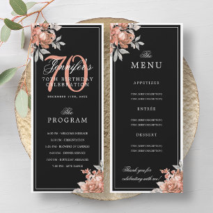 Rose Gold Floral 70th Birthday Program Menu Black