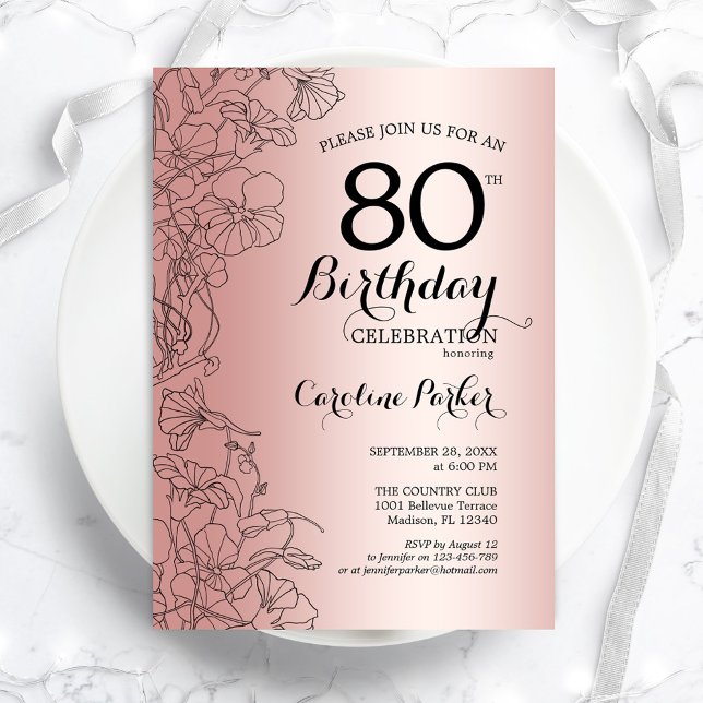 Rose Gold Floral 80th Birthday Party Invitation (Creator Uploaded)