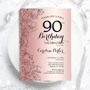 Rose Gold Floral 90th Birthday Party Invitation