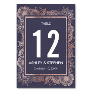 Rose Gold Floral and Navy Blue Table Numbers