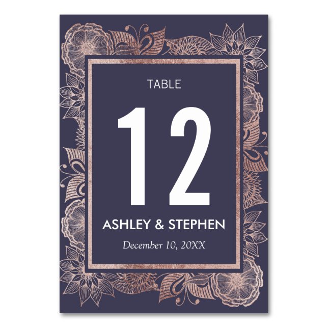 Rose Gold Floral and Navy Blue Table Numbers (Front)