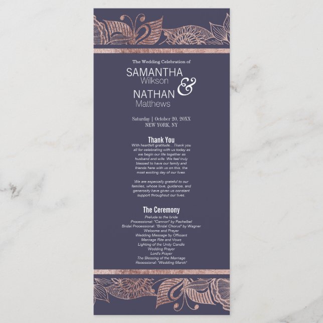 Rose Gold Floral and Navy Blue Wedding Programs (Front)