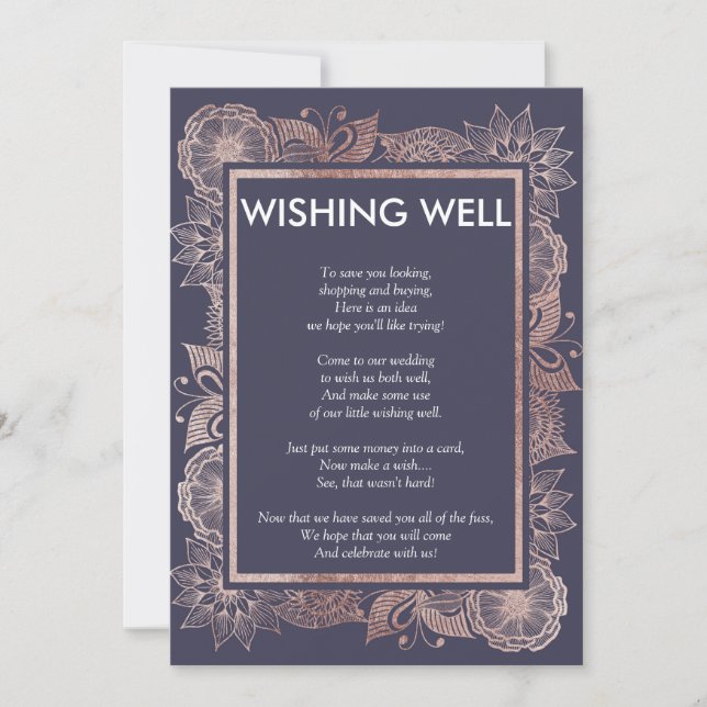 Rose Gold Floral and Navy Blue Wishing Well Invitation (Front)