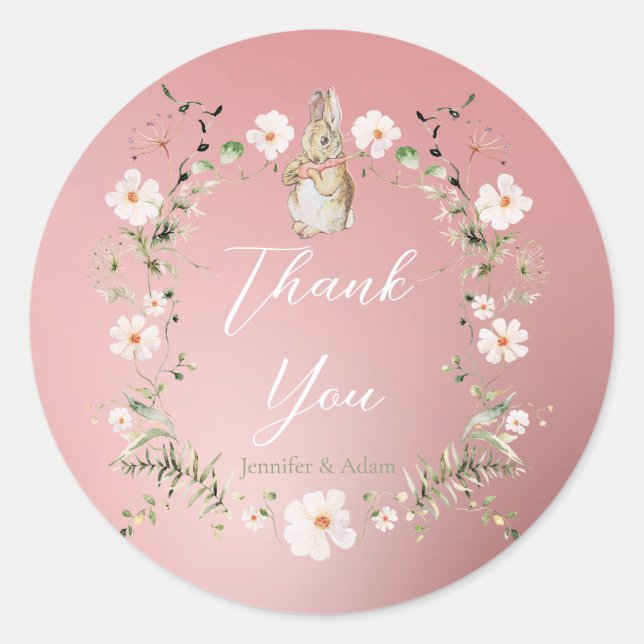 Rose Gold Floral Baby Bunny Baby Shower Classic Round Sticker (Front)