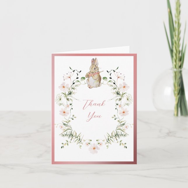 Rose Gold Floral Baby Bunny Baby Shower Thank You Card (Front)
