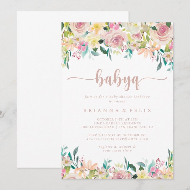 Rose Gold Floral BabyQ Baby Shower Barbecue   Invitation (Front/Back)