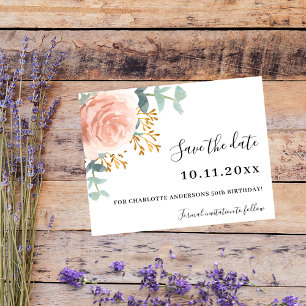 Rose gold floral birthday Save the Date card