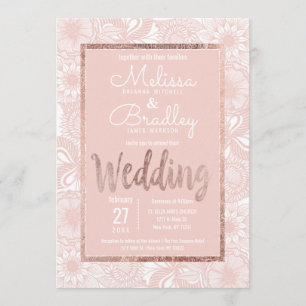 Rose Gold Floral Blush Pink Brush Script Wedding Invitation