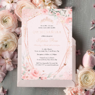 Rose Gold Floral Blush Pink Butterfly Quinceanera