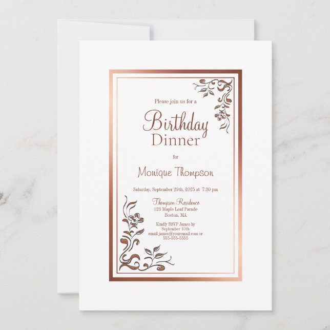 Rose Gold Floral Border Birthday Dinner Party Invitation (Front)