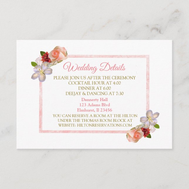 Rose Gold Floral Bouquet Wedding Detail Card (Front)