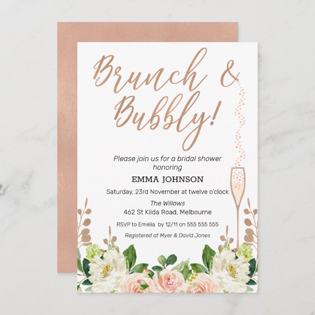 Rose Gold Floral Brunch Bridal Shower Invitation (Front/Back)