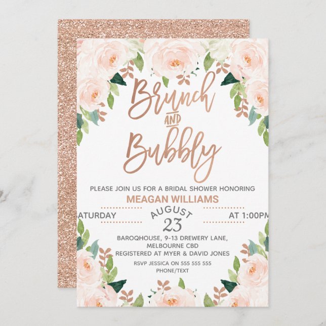 Rose Gold Floral Brunch Bubbly Bridal Invitation (Front/Back)