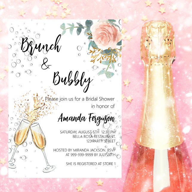 Rose Gold Floral Brunch Bubbly Bridal Shower Invitation Postcard (Creator Uploaded)