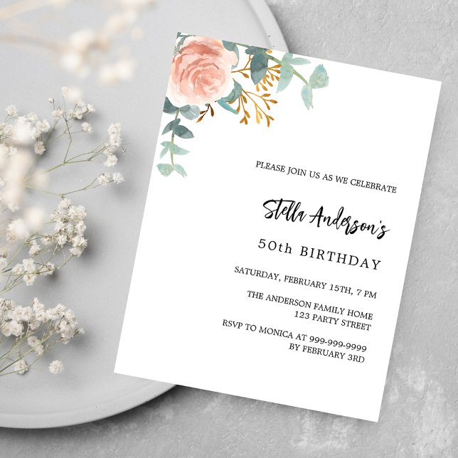 Rose gold floral budget birthday invitation flyer (Creator Uploaded)