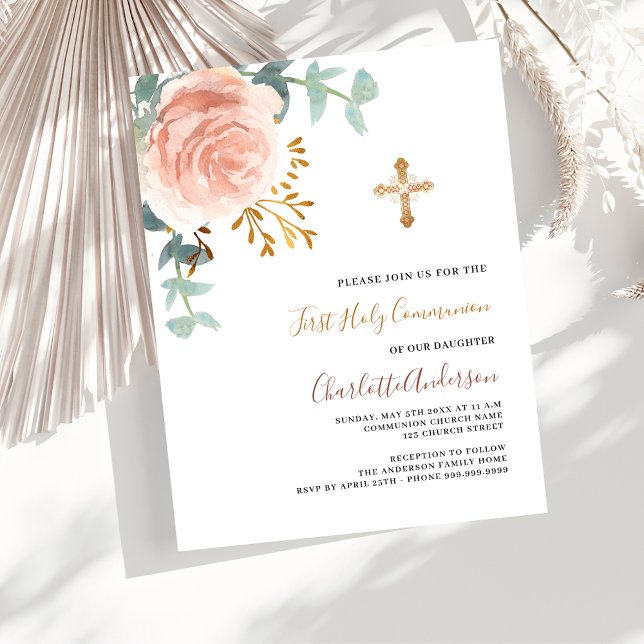 Rose gold floral budget first communion invitation (Creator Uploaded)