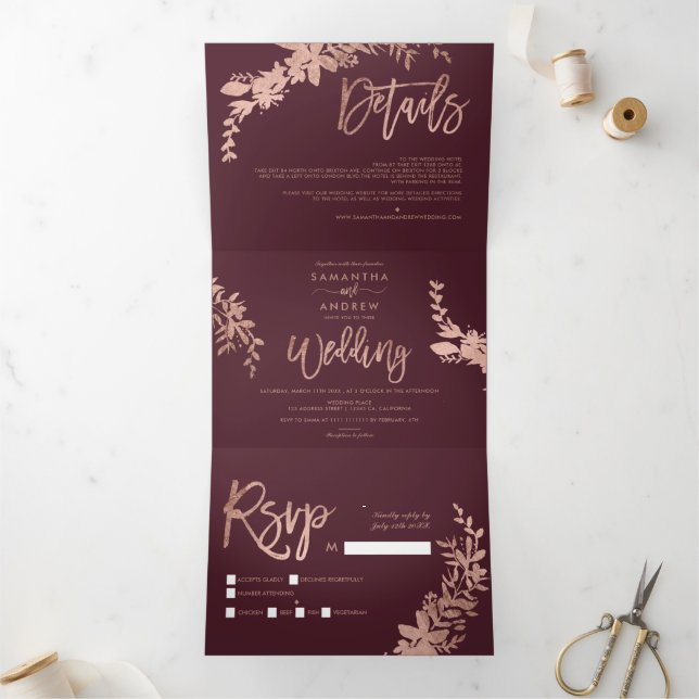 Rose gold Floral burgundy elegant script wedding Tri-Fold Invitation (Inside)