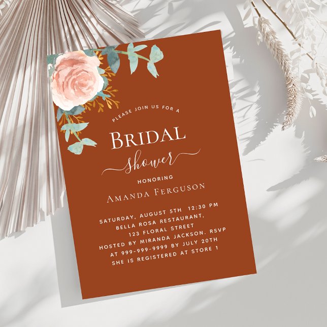 Rose gold floral burnt orange Bridal Shower Invitation (Creator Uploaded)